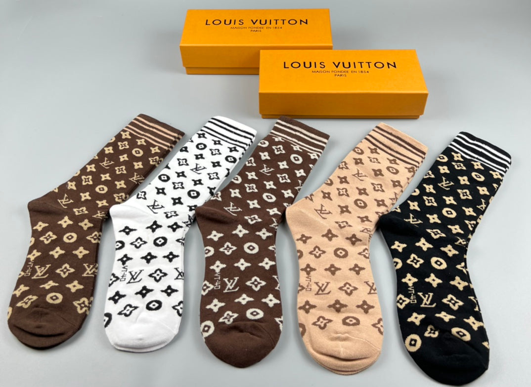 Louis Vuitton Cotton Mixed Monogram-Style Patterns Crew Socks - 5-Pair Set