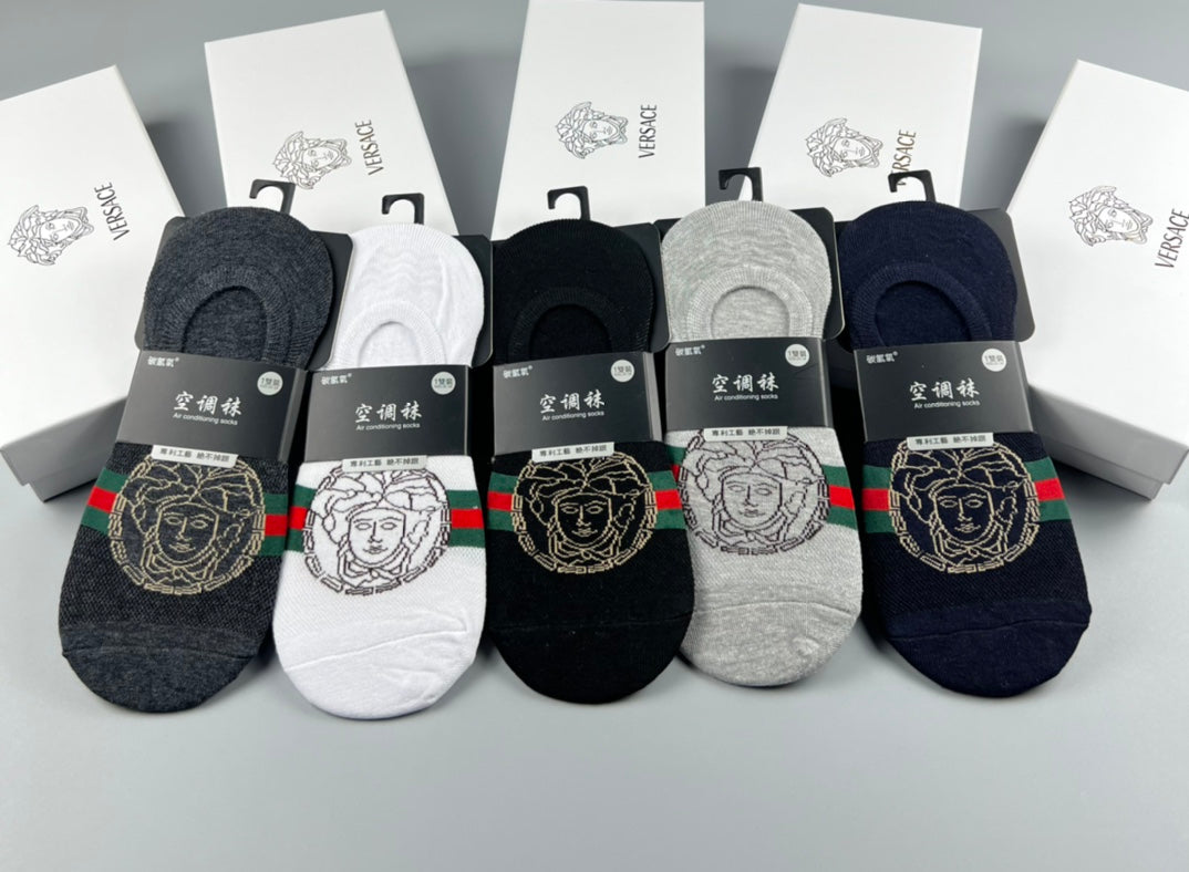 Versace Cotton Visible Logo, Stripe Or Motif Details No-Show Socks - 5-Pair Set
