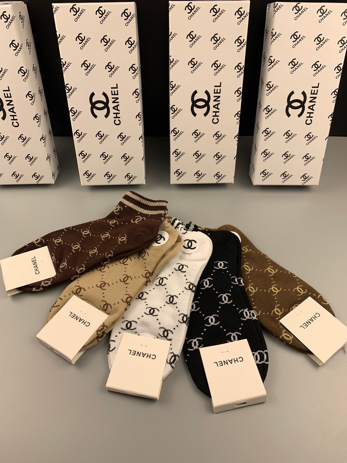 Chanel Cotton Mixed Stripes And Repeating Emblem Patterns Ankle Socks - 5-Pair Set