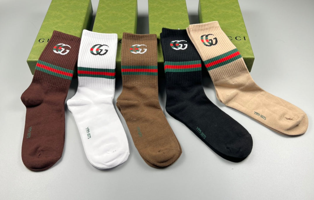 Gucci Cotton Blue, Green & White Tonal Waistbands Crew Socks - 5-Pair Set