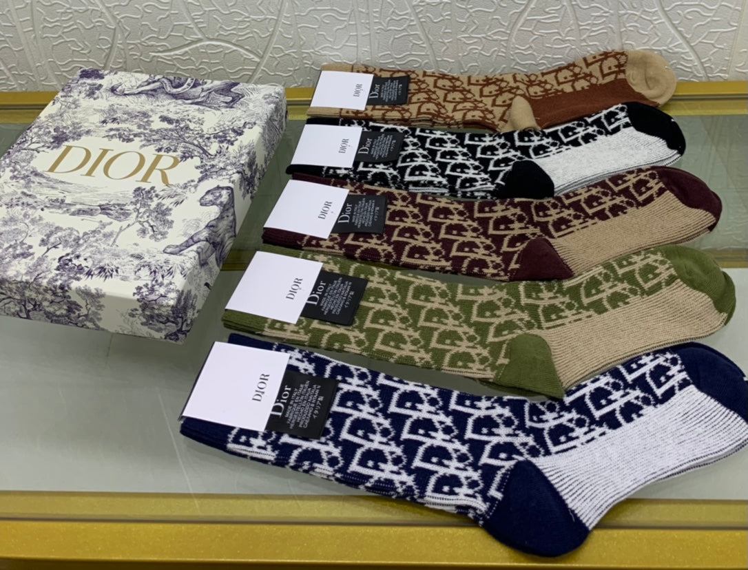Dior Cotton Mixed All-Over Motifs Crew Socks - 5-Pair Set