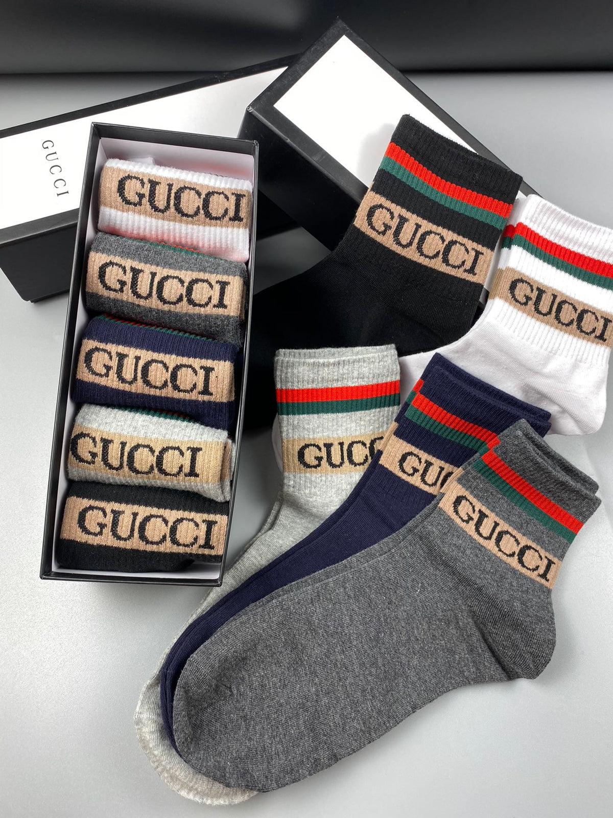Gucci Striped Logo Crew Socks - 5-Pair Box
