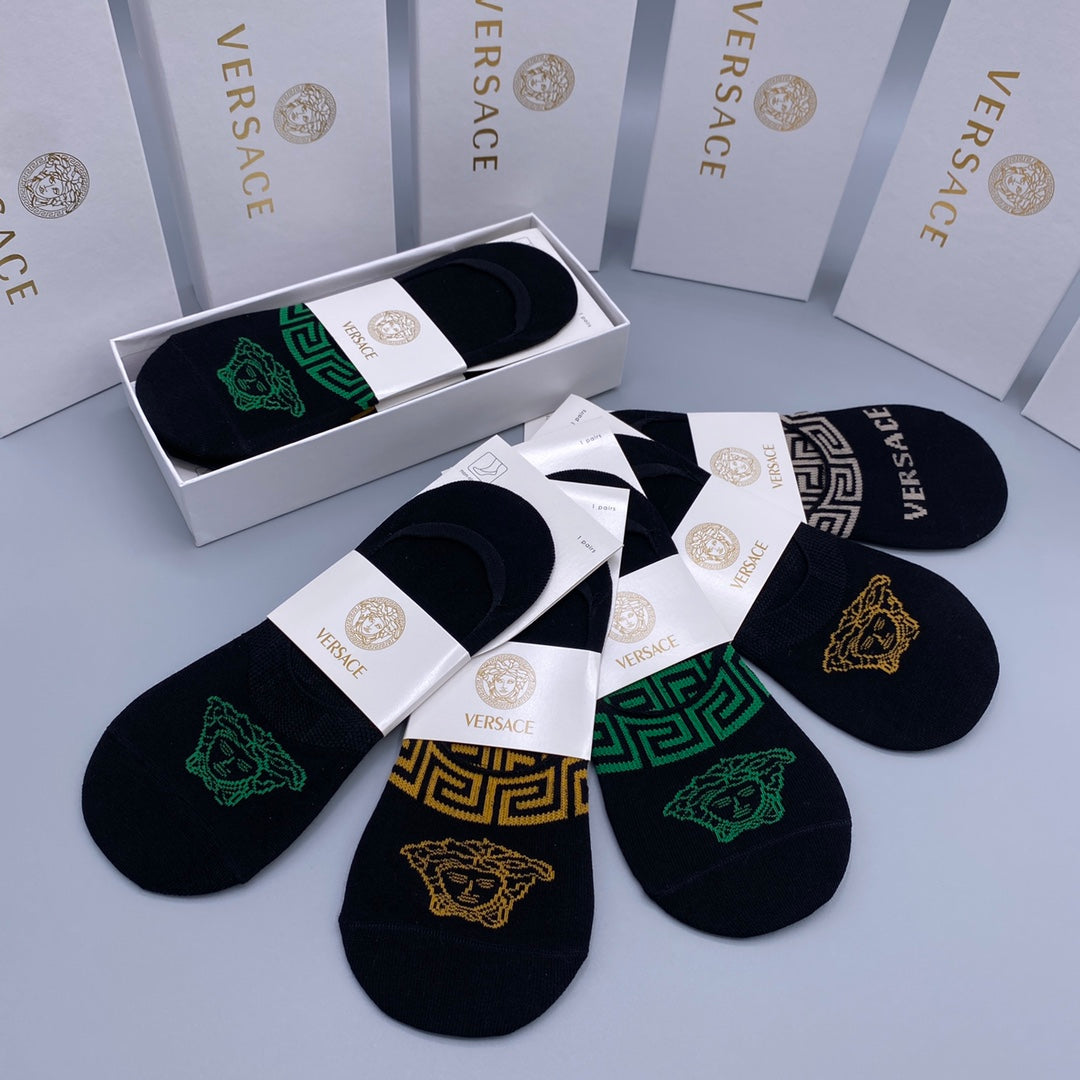 Versace Visible Logo, Stripe Or Motif Details No-Show Socks - 5-Pair Set