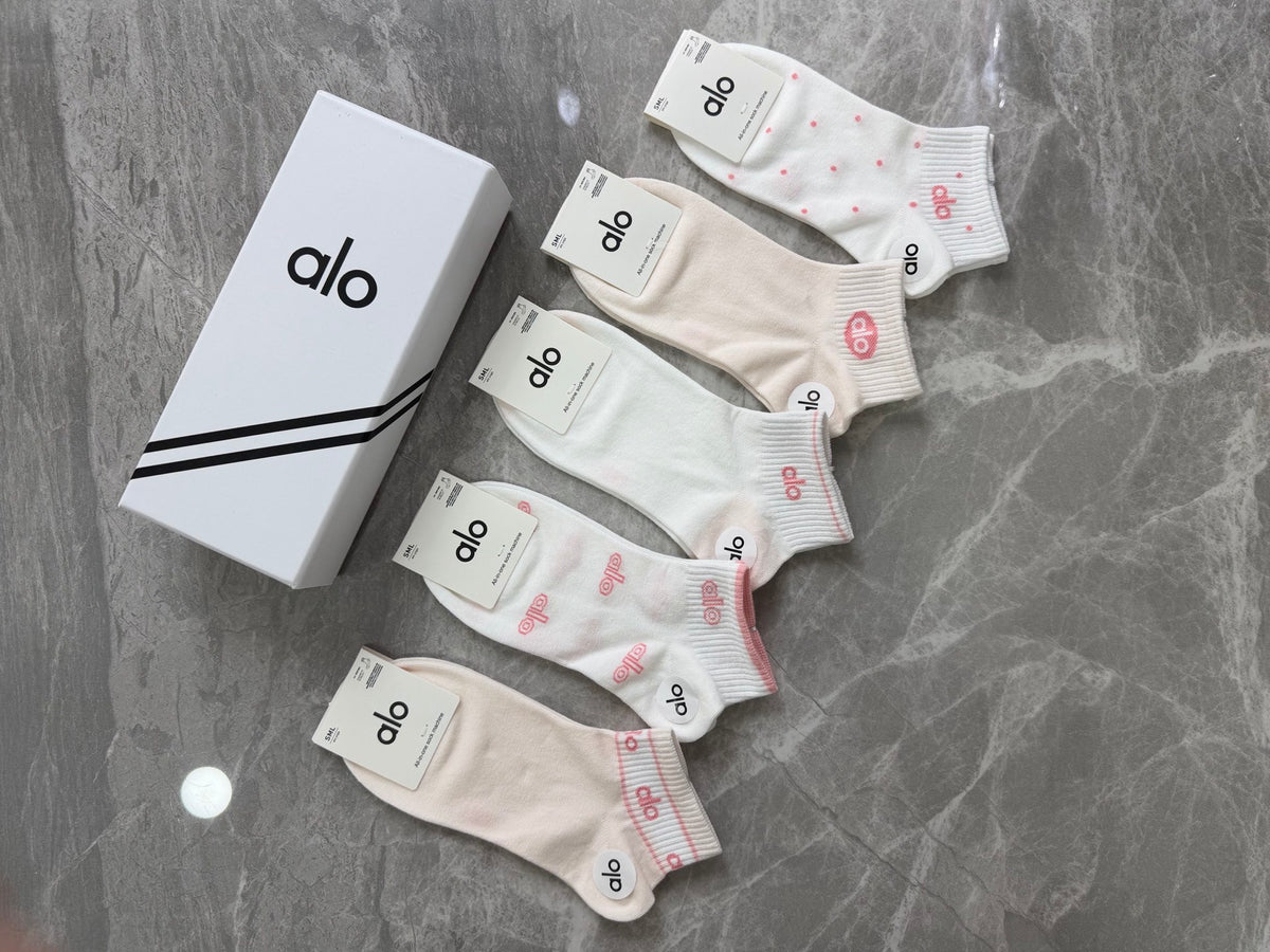Alo Cotton Pink Accent Logos Ankle Socks - 5-Pair Set