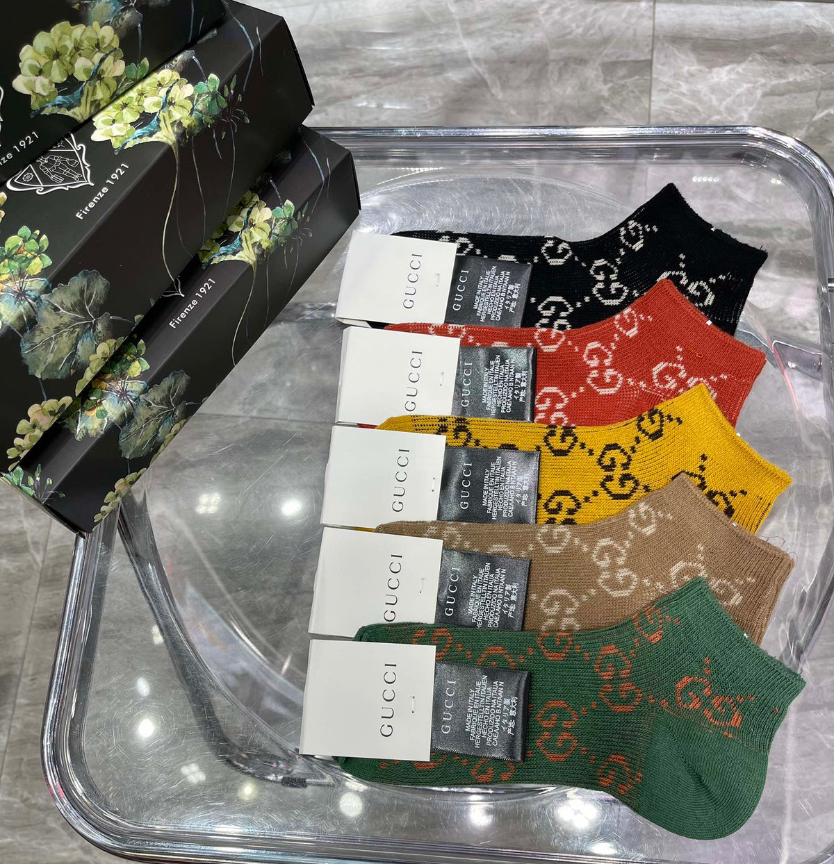 Gucci Floral-Box Monogram Crew Socks - Box of 5 Pairs