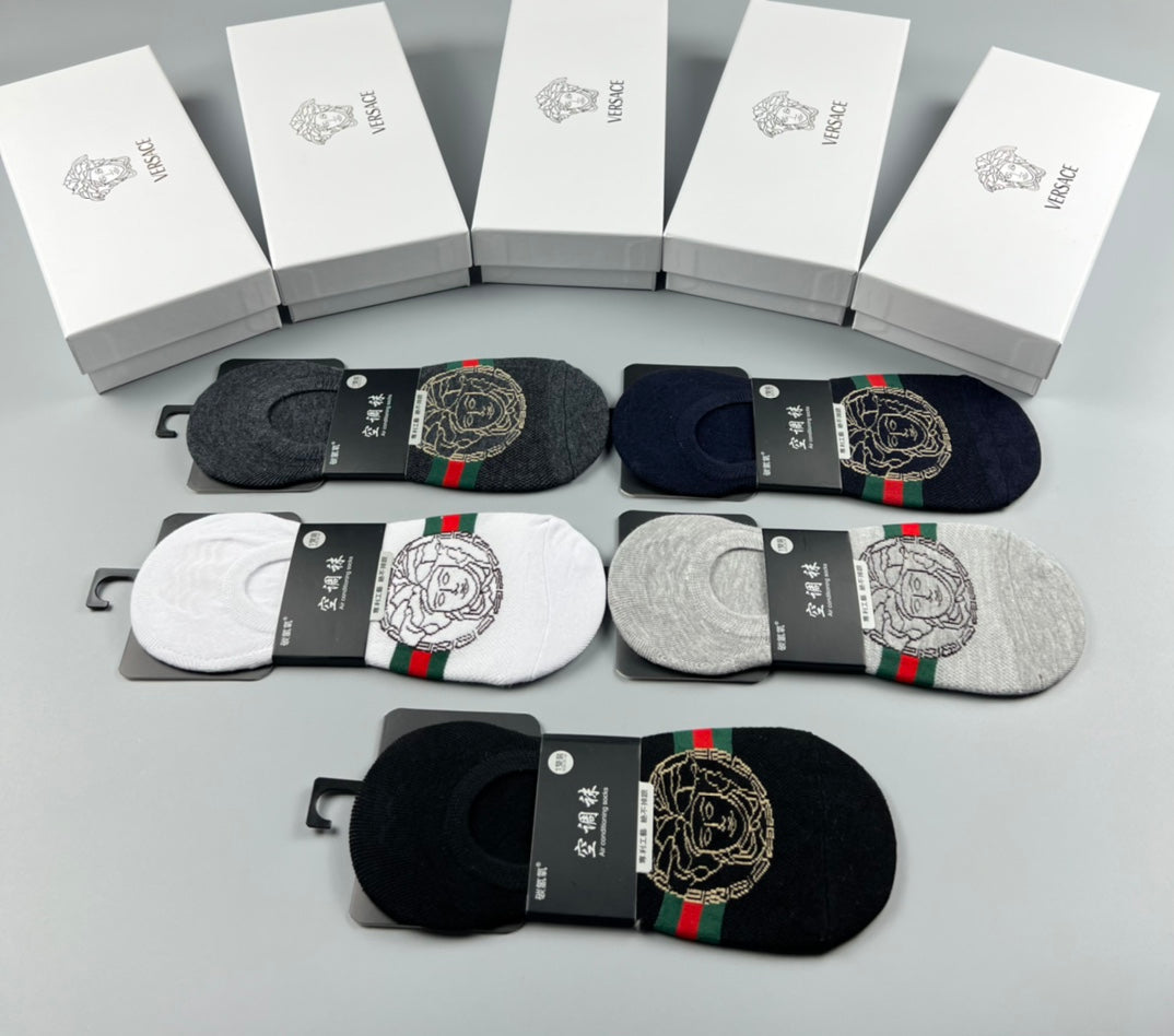 Versace Cotton Visible Logo, Stripe Or Motif Details No-Show Socks - 5-Pair Set