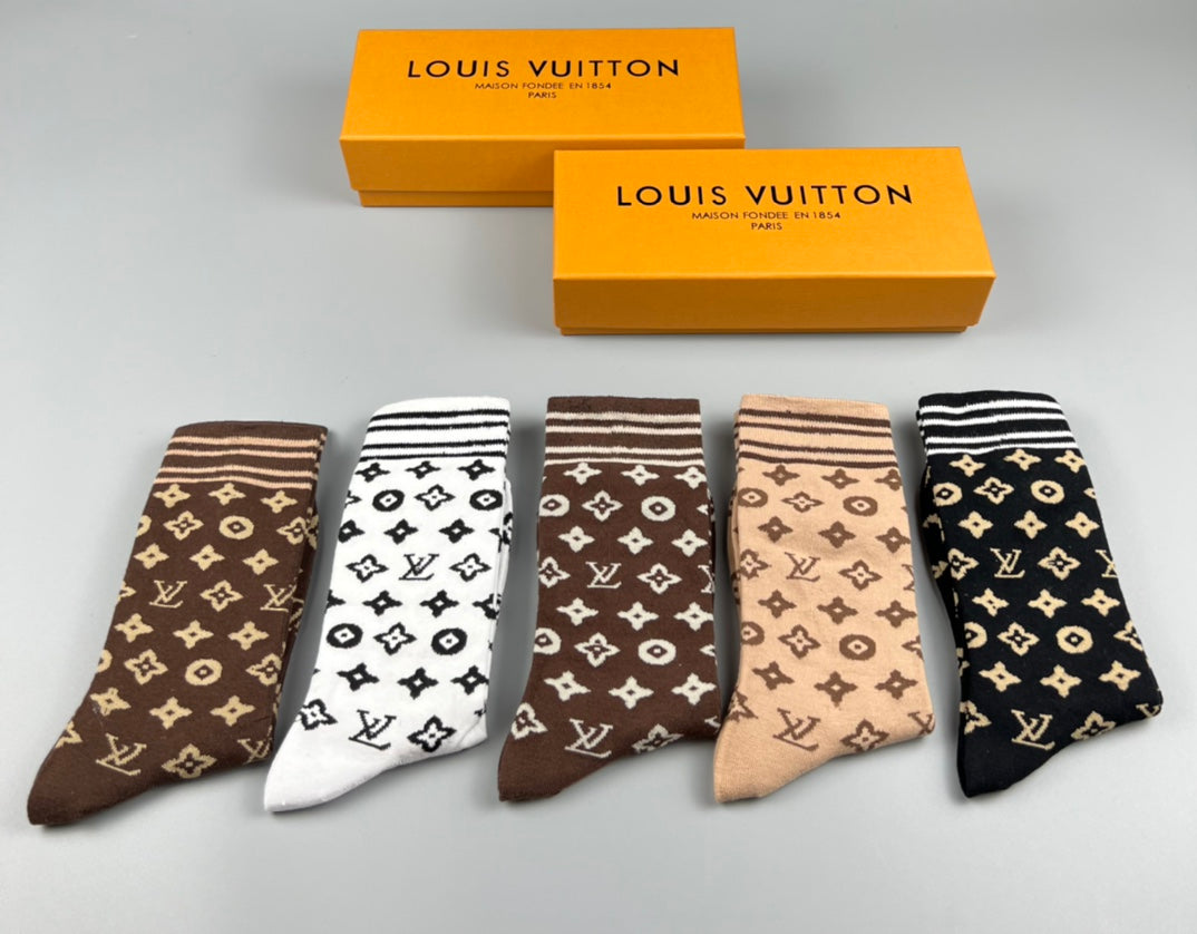 Louis Vuitton Cotton Mixed Monogram-Style Patterns Crew Socks - 5-Pair Set