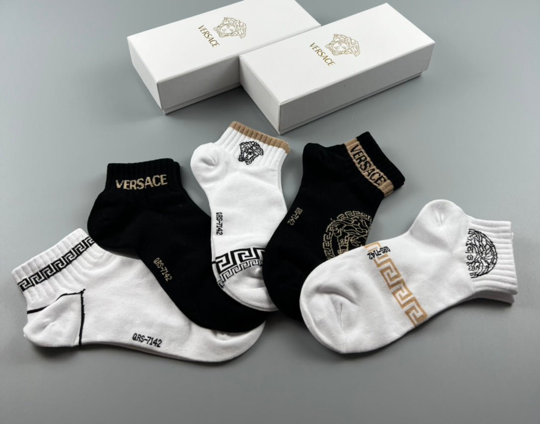 Versace Cotton blend Gold Medallion And Greek-Key Ankle Socks - 5-Pair Set