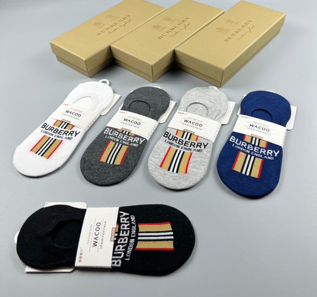 Burberry Cotton Visible Logo, Stripe Or Motif Details No-Show Socks - 5-Pair Set