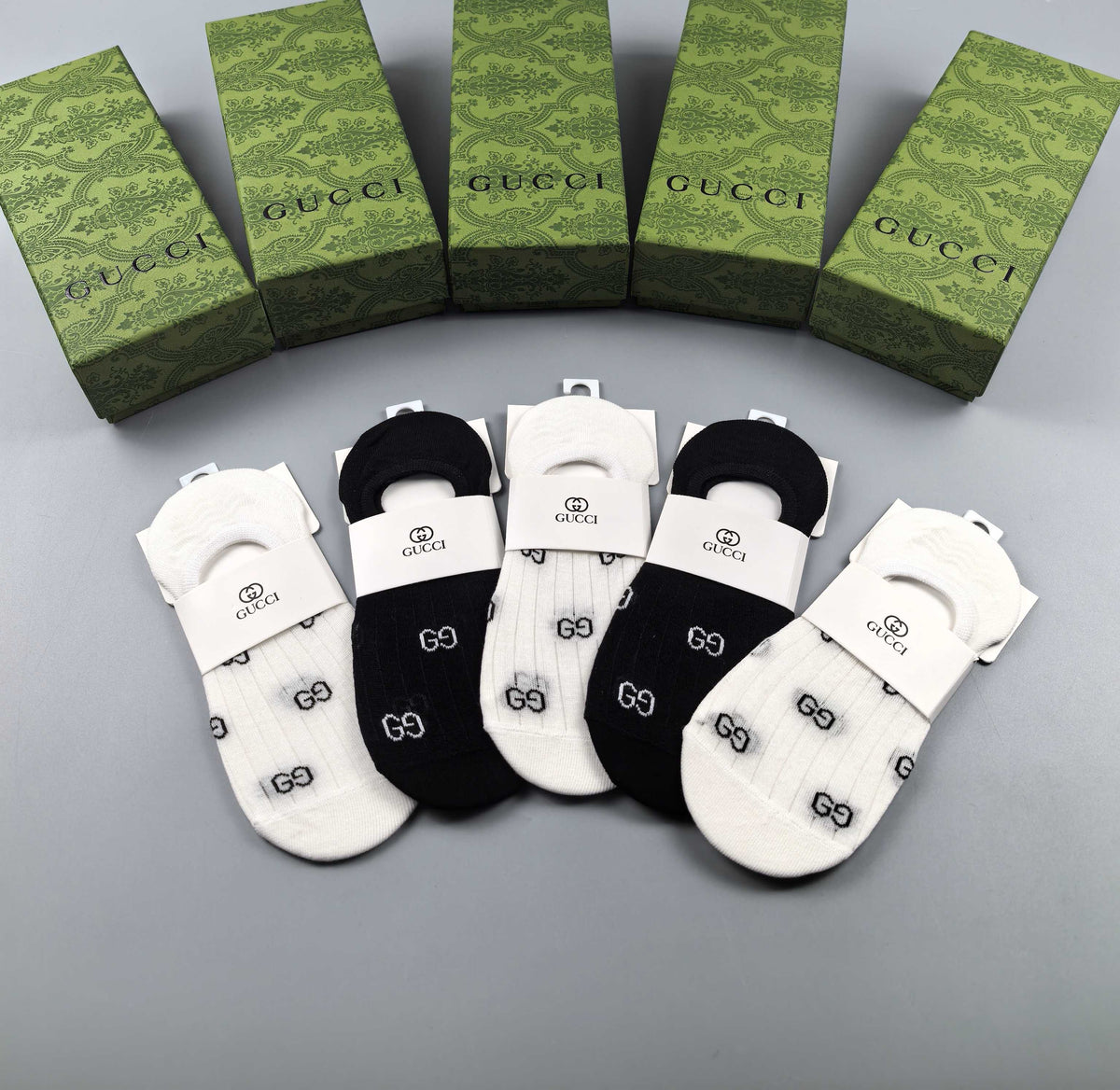 Gucci Cotton Visible Logo, Stripe Or Motif Details No-Show Socks - 5-Pair Set