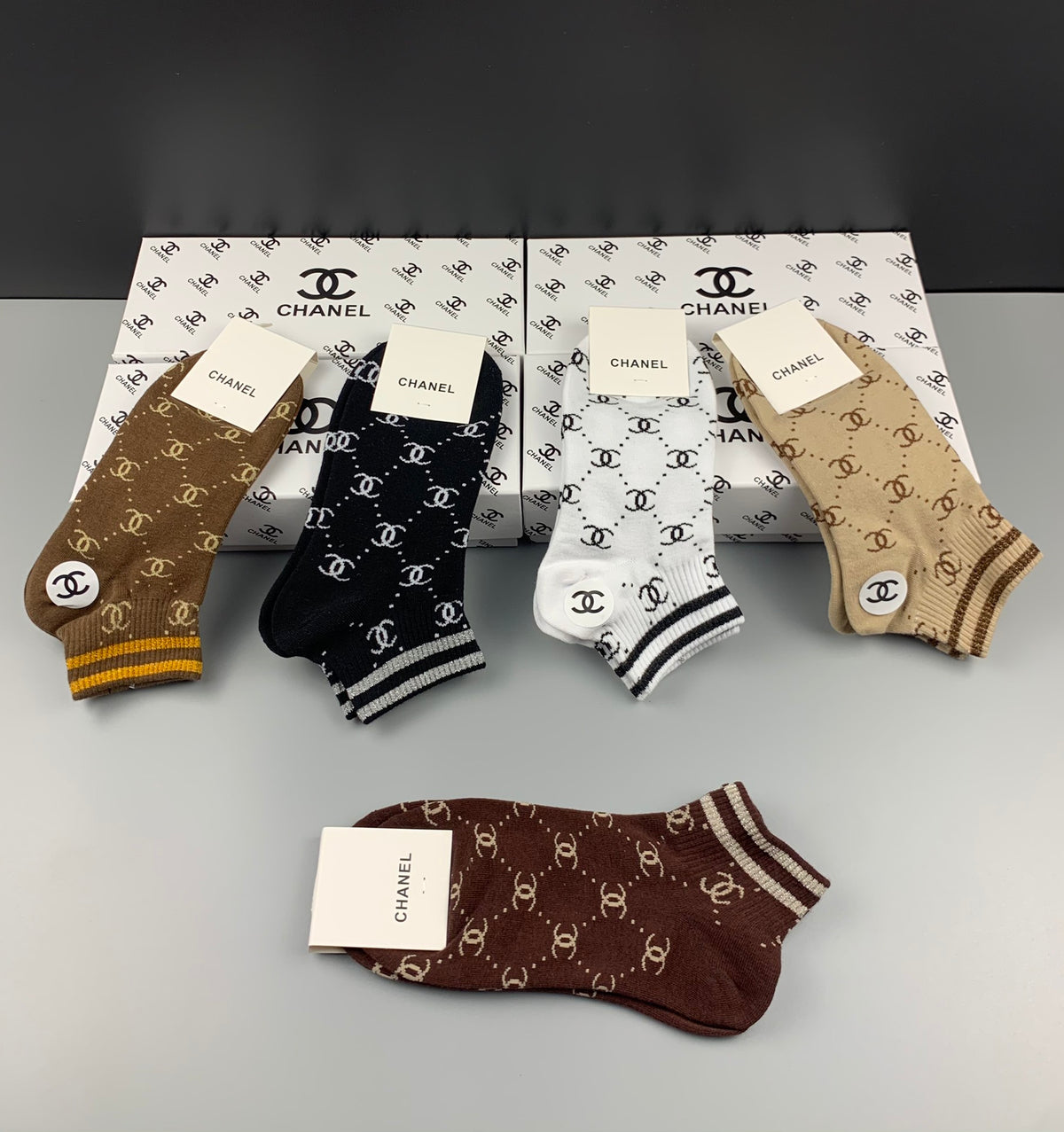 Chanel Cotton Mixed Stripes And Repeating Emblem Patterns Ankle Socks - 5-Pair Set