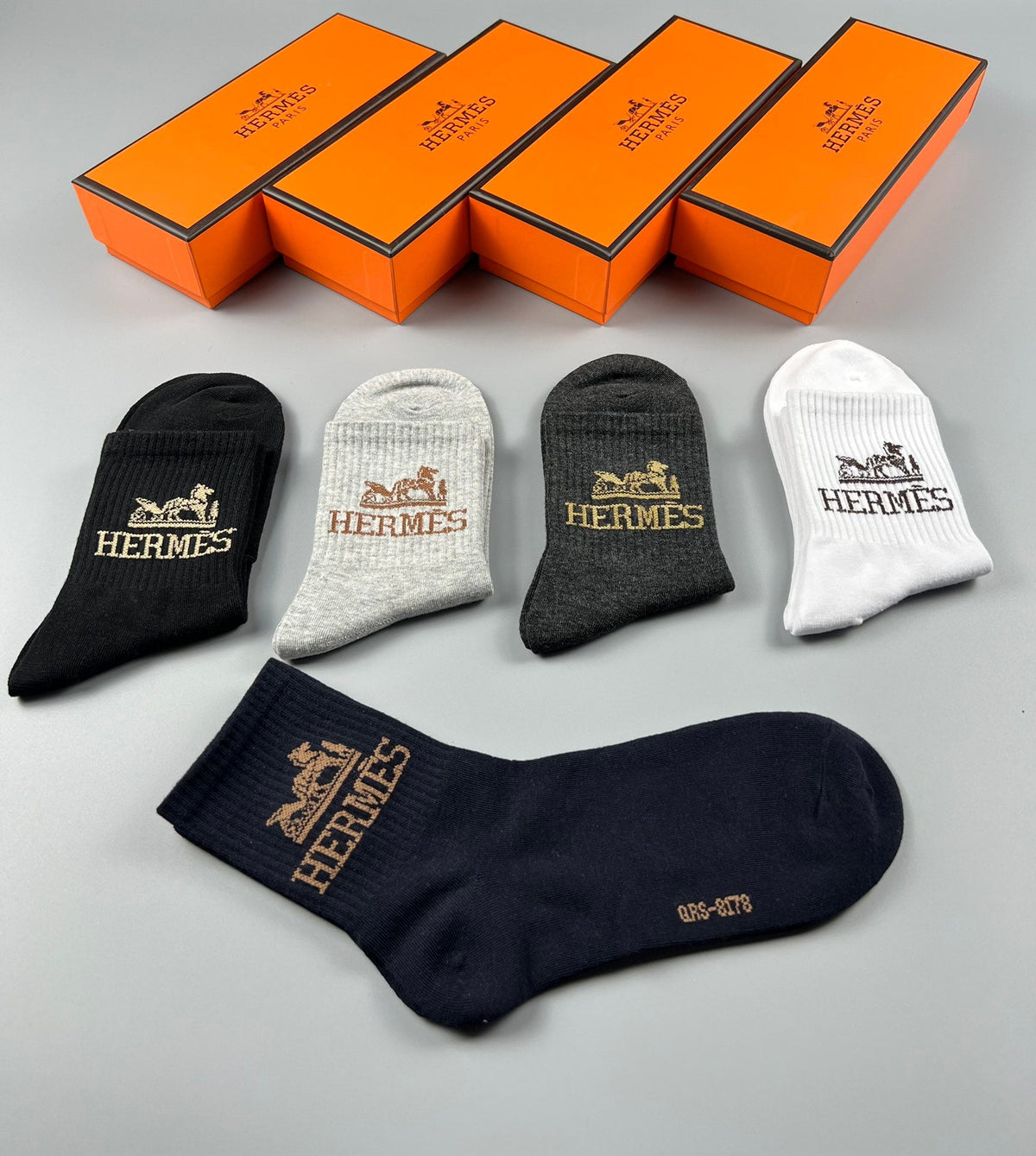Hermes Cotton Visible Embroidered Logo Details Crew Socks - 5-Pair Set