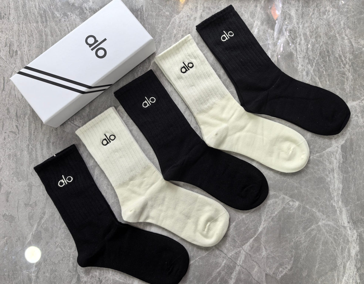 Alo Cotton Blue, Green & White Tonal Waistbands Crew Socks - 5-Pair Set