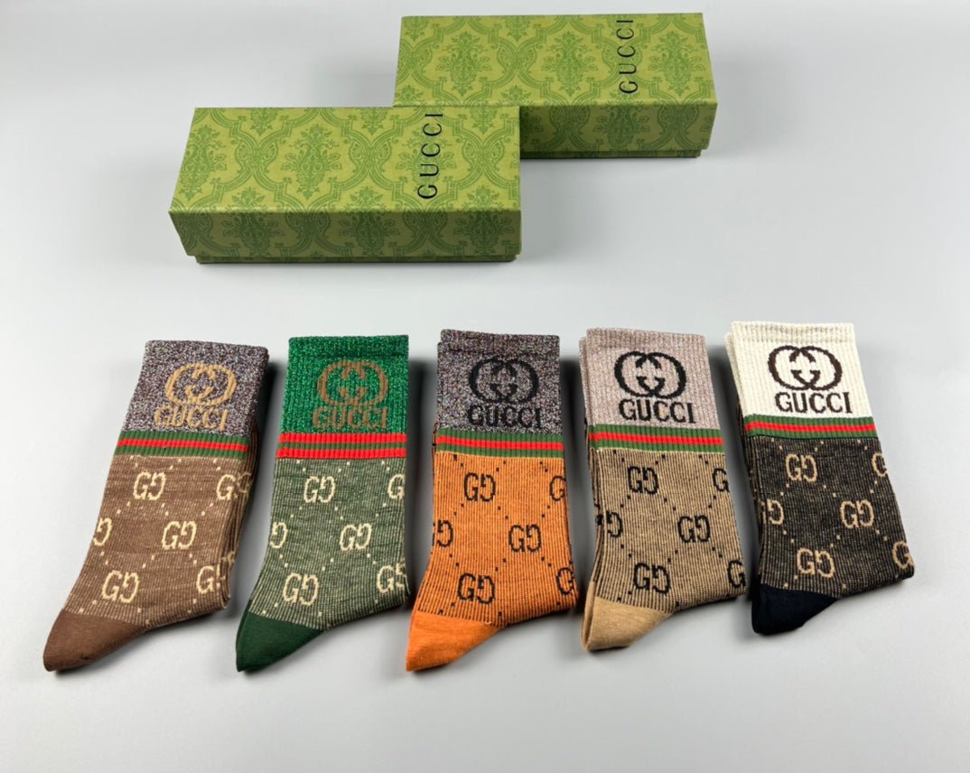 Gucci Gold-Thread Monogram Crew Socks - 5-Pair Box