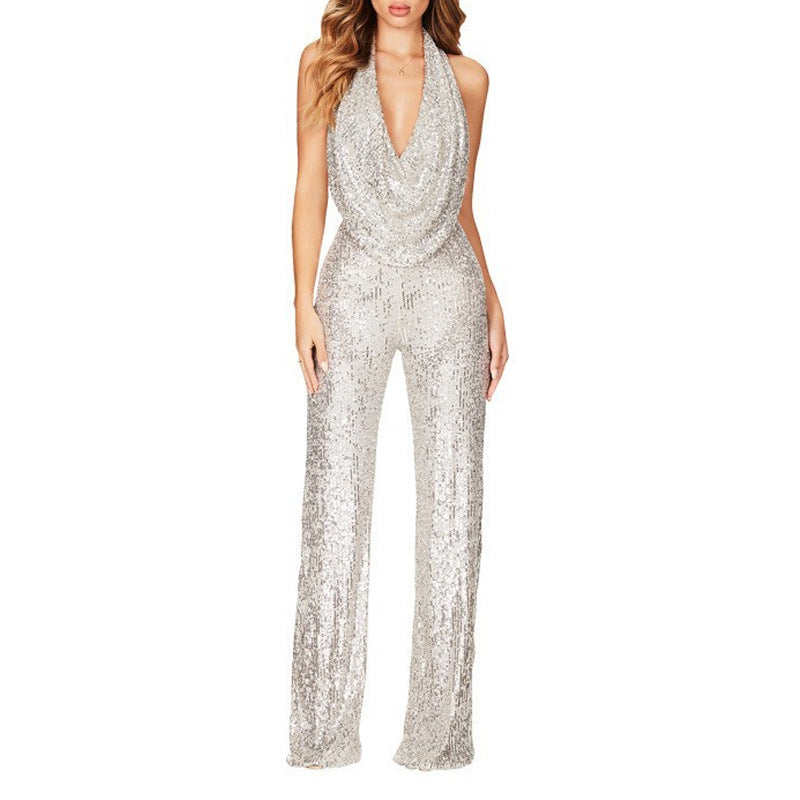 Women's Sparkly Sexy Halter Neck Slim Fit Jumpsuit Clothing & Accessories