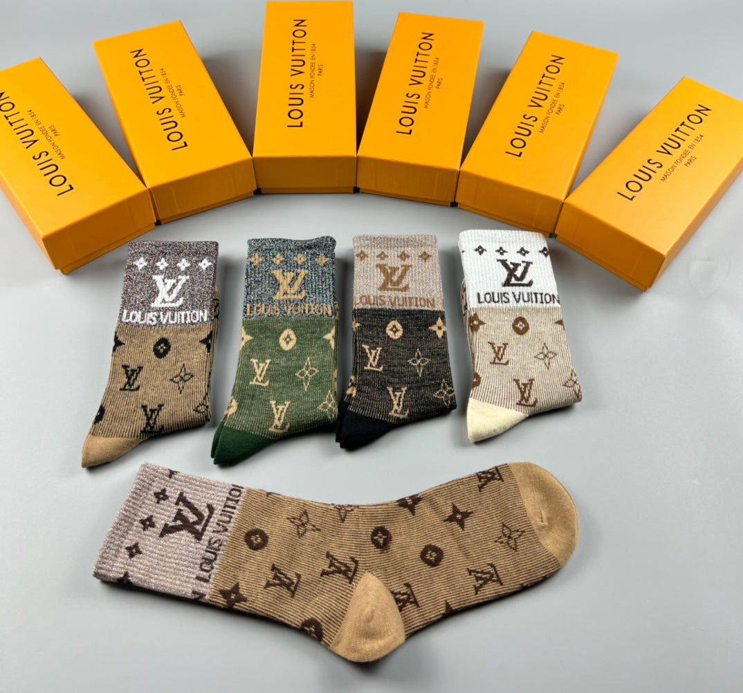 Louis Vuitton Cotton Varied Monogram-Style Motifs Crew Socks - 5-Pair Set