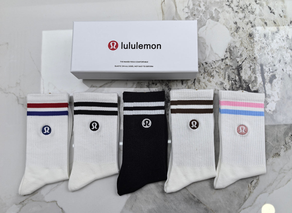 Lululemon Stripe Accents And Small Round Emblems Crew Socks - 5-Pair Set