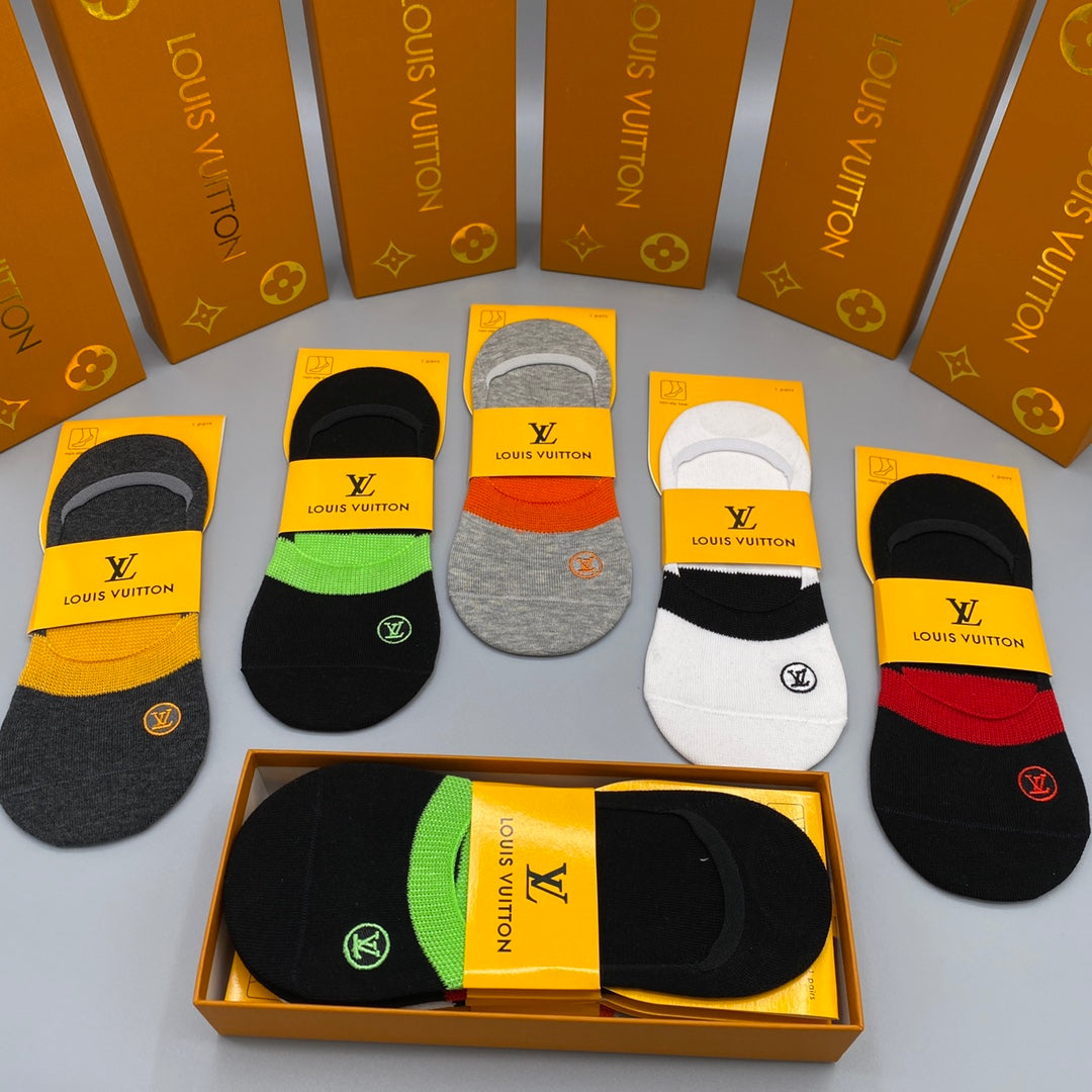 Louis Vuitton Visible Logo, Stripe Or Motif Details No-Show Socks - 5-Pair Set