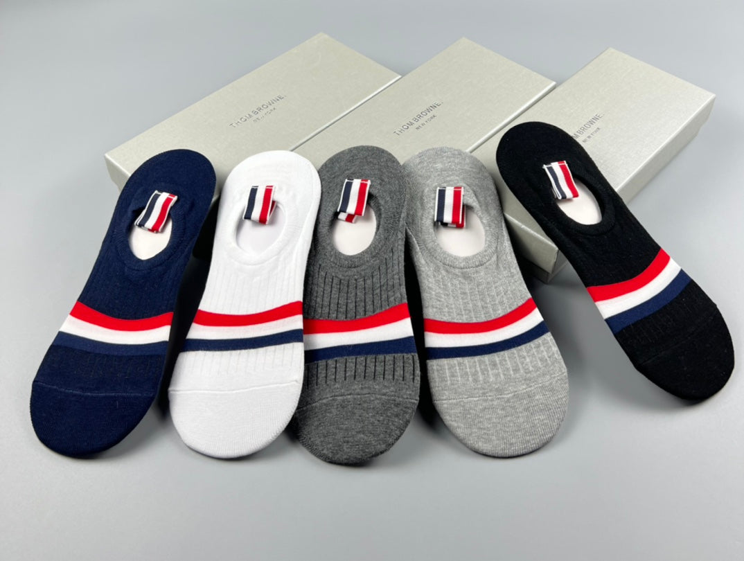 Thom Browne Cotton Visible Logo, Stripe Or Motif Details No-Show Socks - 5-Pair Set
