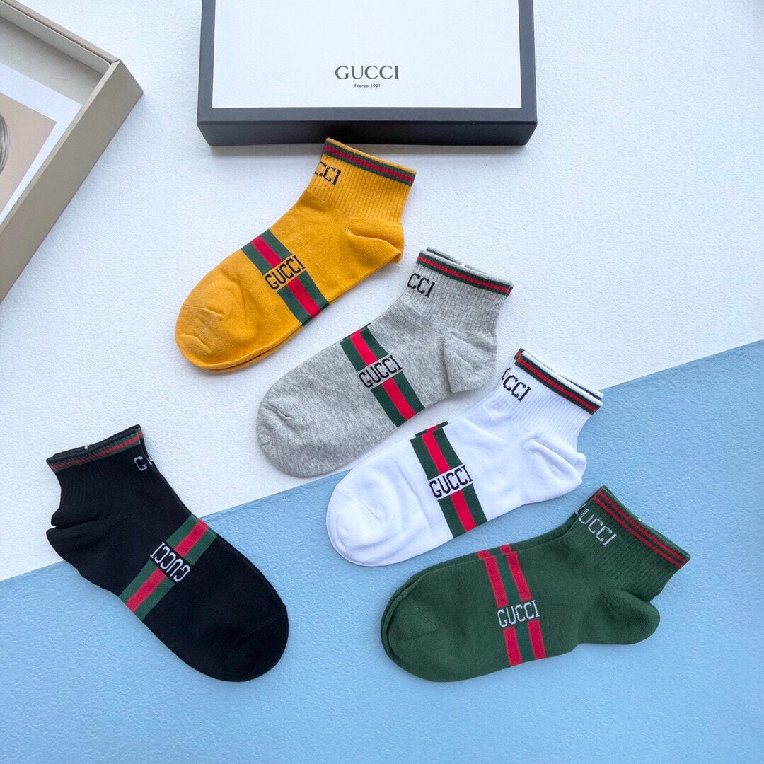 Gucci Red-And-Green Bands And Bee Details Ankle Socks - 5-Pair Set