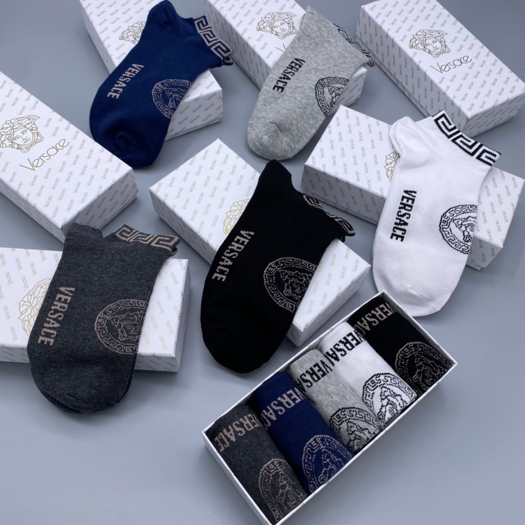Versace Greek-Key Trim And Wordmarks Ankle Socks - 5-Pair Set