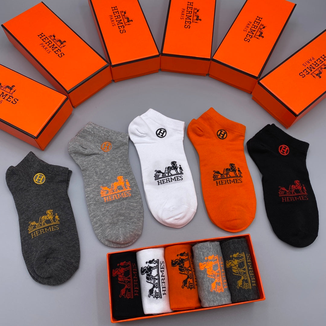 Hermes 200-needle combed cotton Contrast Wordmarks Ankle Socks - 5-Pair Set