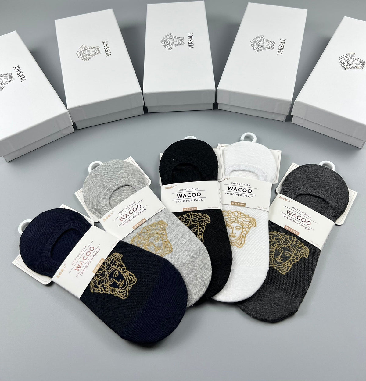 Versace Cotton Visible Logo, Stripe Or Motif Details No-Show Socks - 5-Pair Set