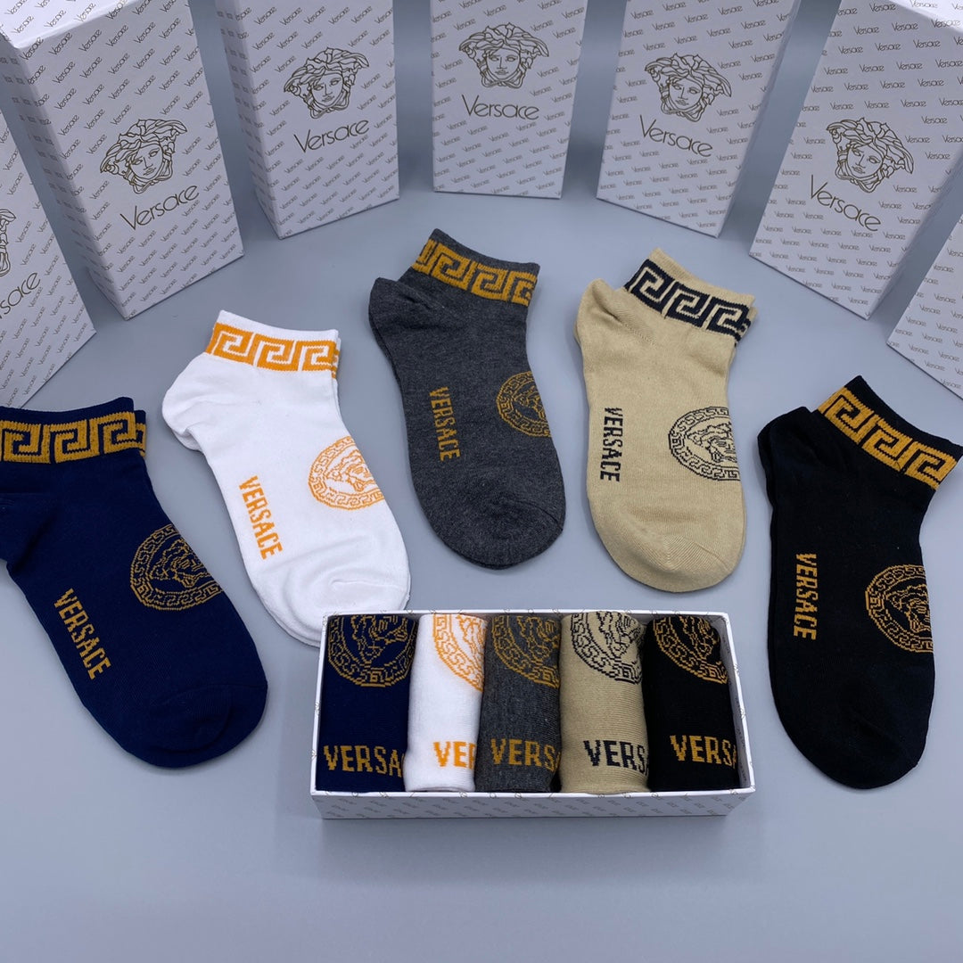 Versace Combed cotton Greek-Key Cuffs And Medallions Ankle Socks - 5-Pair Set