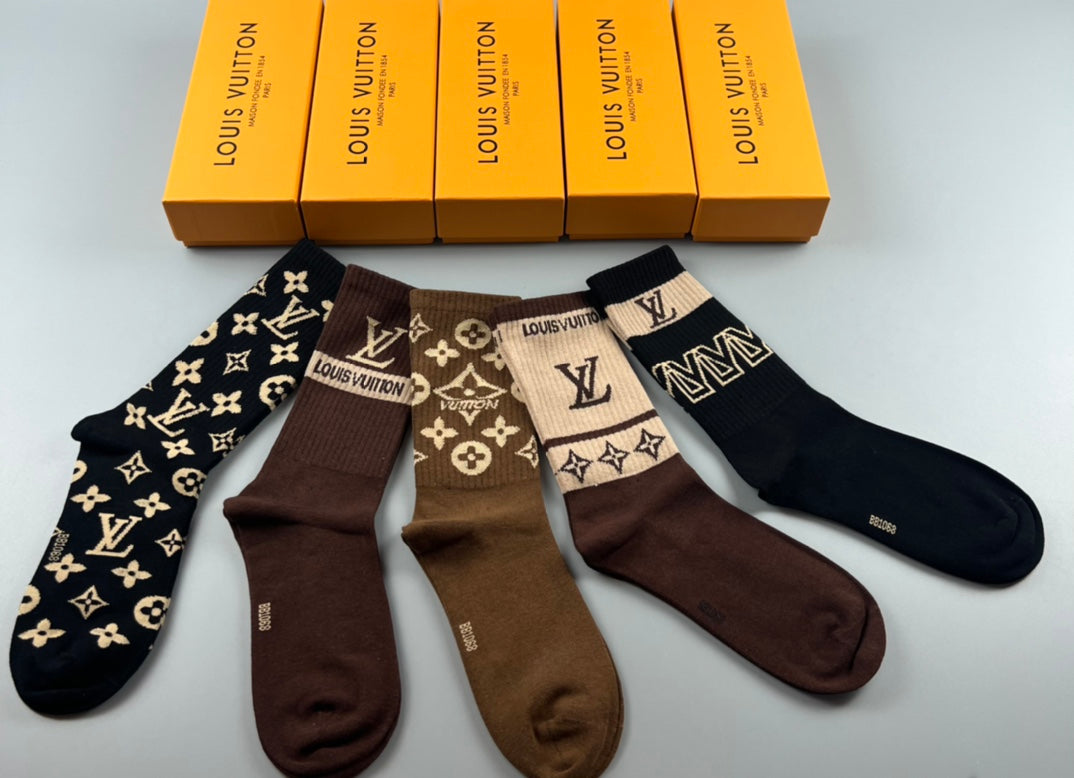 Louis Vuitton Cotton Varied Monogram-Style Motifs Crew Socks - 5-Pair Set