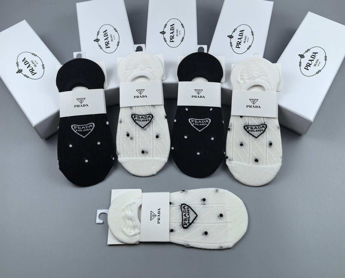 Prada Combed cotton Visible Logo, Stripe Or Motif Details Crew Socks - 5-Pair Set