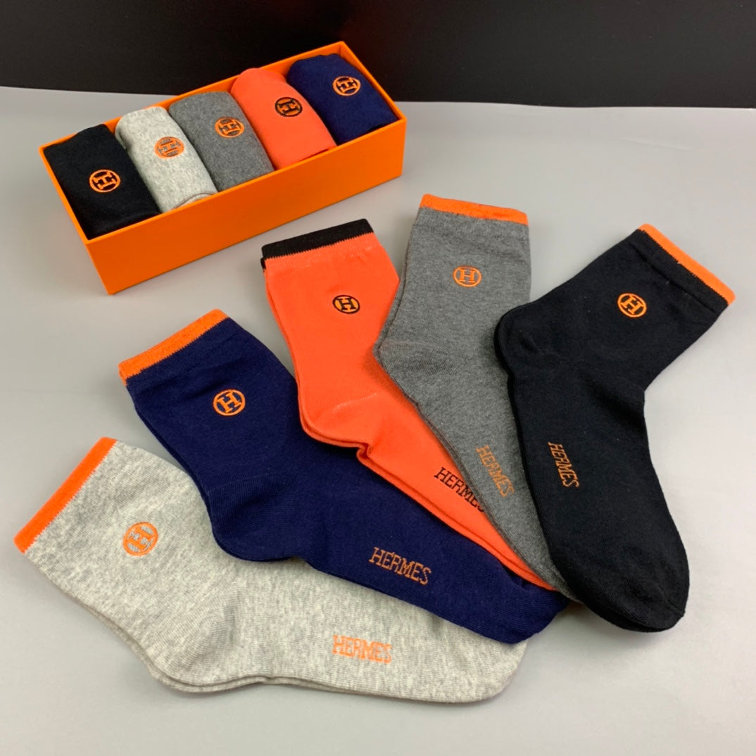 Hermes Cotton Small Embroidered Logo Details Crew Socks - 5-Pair Set