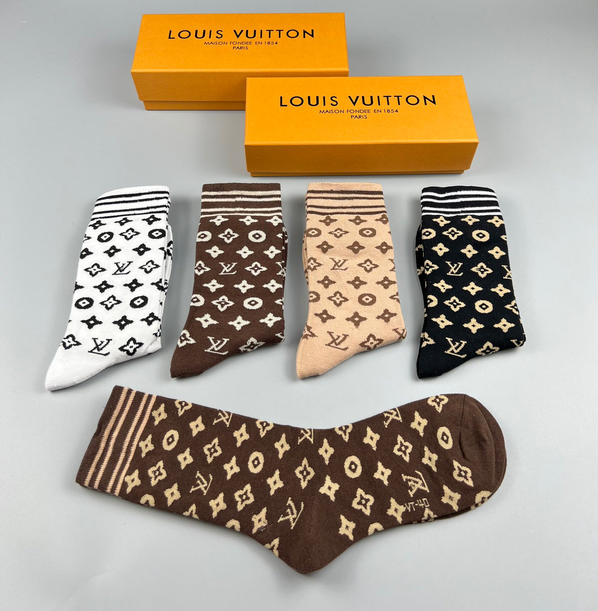 Louis Vuitton Cotton Mixed Monogram-Style Patterns Crew Socks - 5-Pair Set