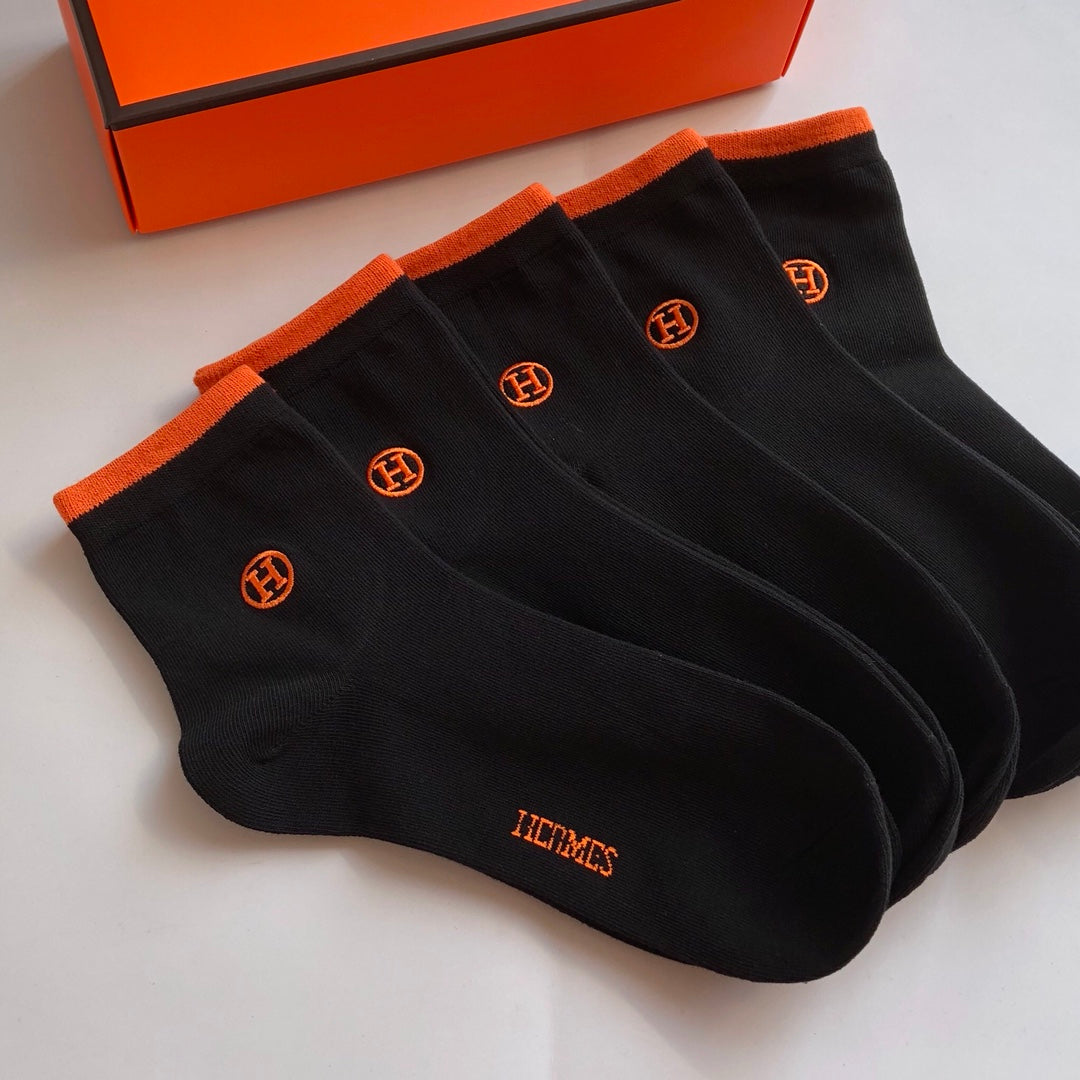 Hermes Orange Accent Mid-Calf Socks - 5-Pair Box