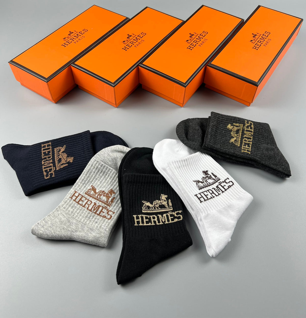 Hermes Crest Logo Crew Socks - 5-Pair Box