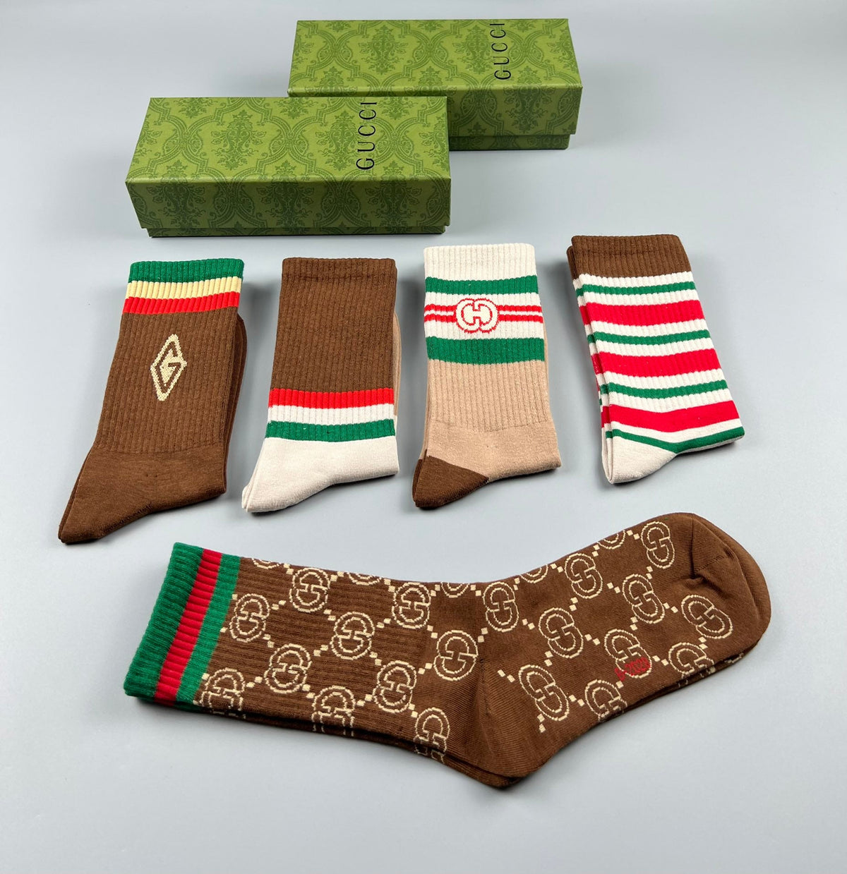 Gucci Brown Monogram Crew Socks - Box of 5 Pairs