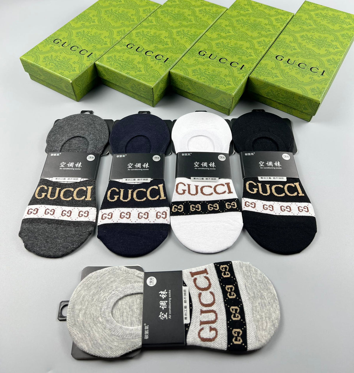 Gucci Cotton Visible Logo, Stripe Or Motif Details No-Show Socks - 5-Pair Set