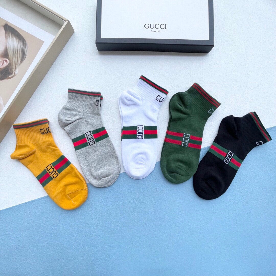 Gucci Red-And-Green Bands And Bee Details Ankle Socks - 5-Pair Set