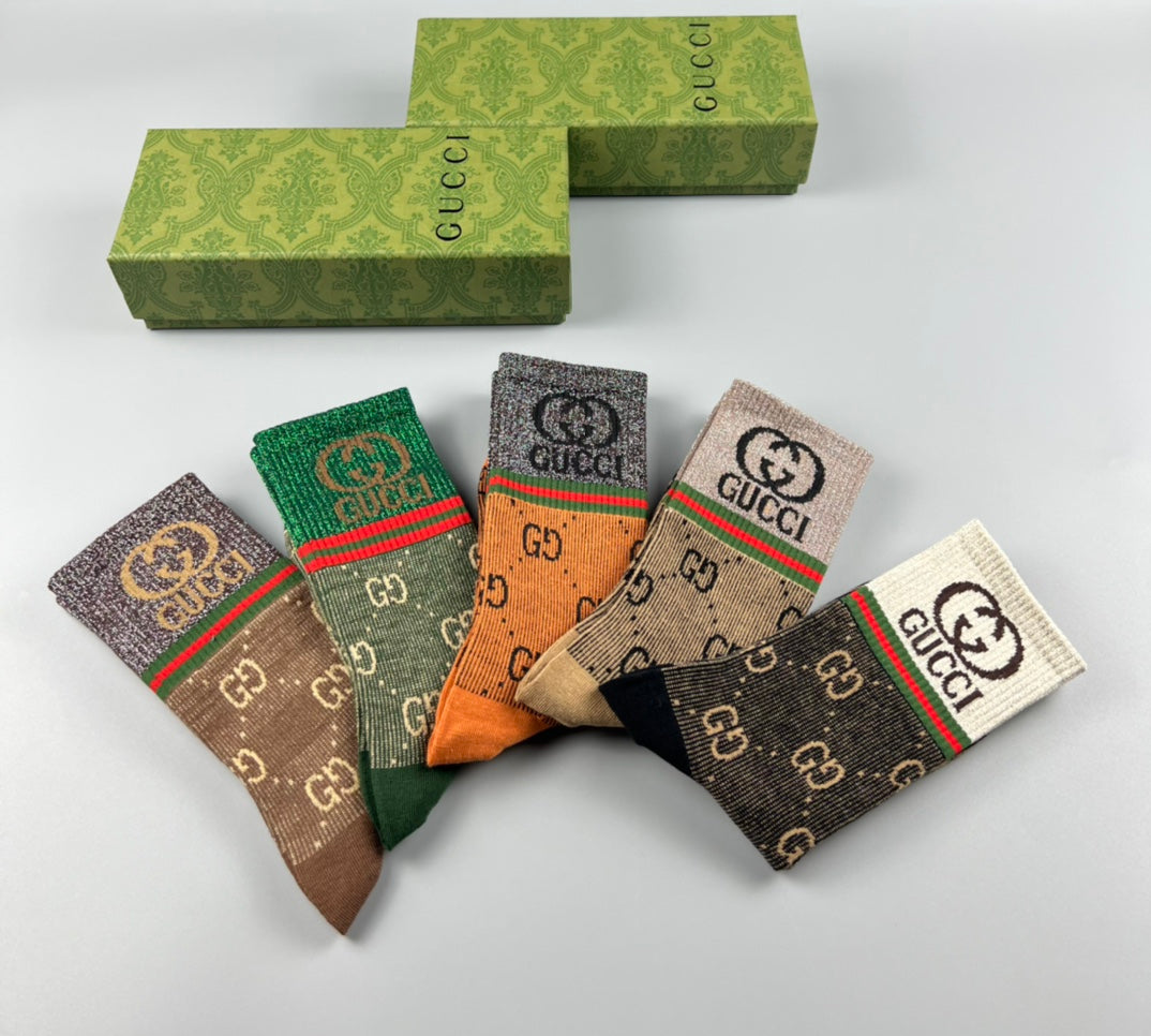 Gucci Gold-Thread Monogram Crew Socks - 5-Pair Box