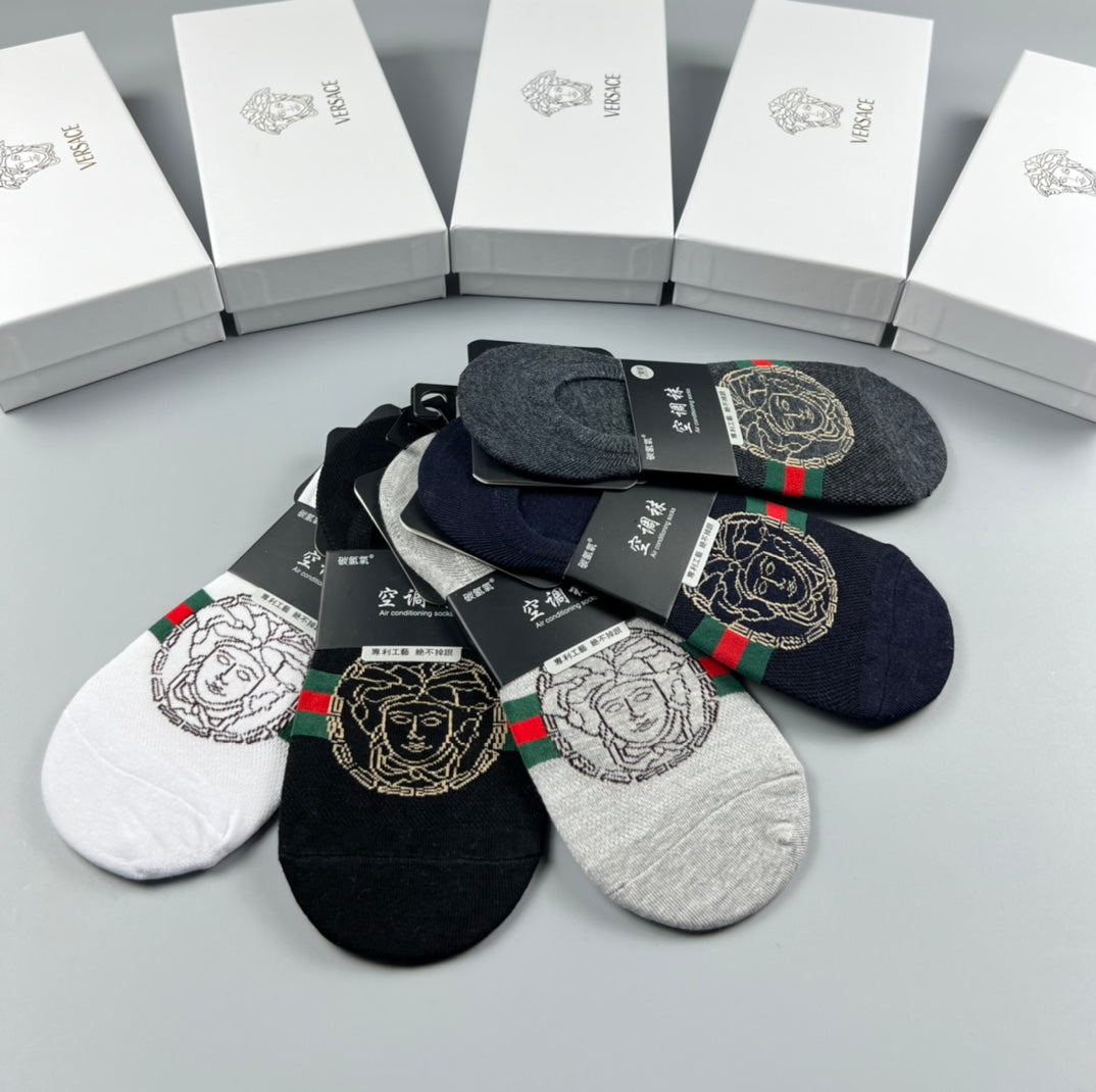 Versace Cotton Visible Logo, Stripe Or Motif Details No-Show Socks - 5-Pair Set