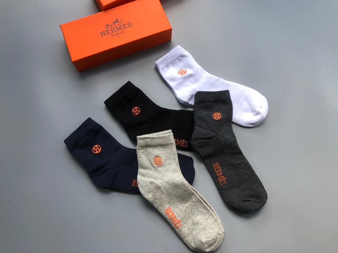 Hermes Embroidered Logo Mid-Calf Socks - 5-Pair Box