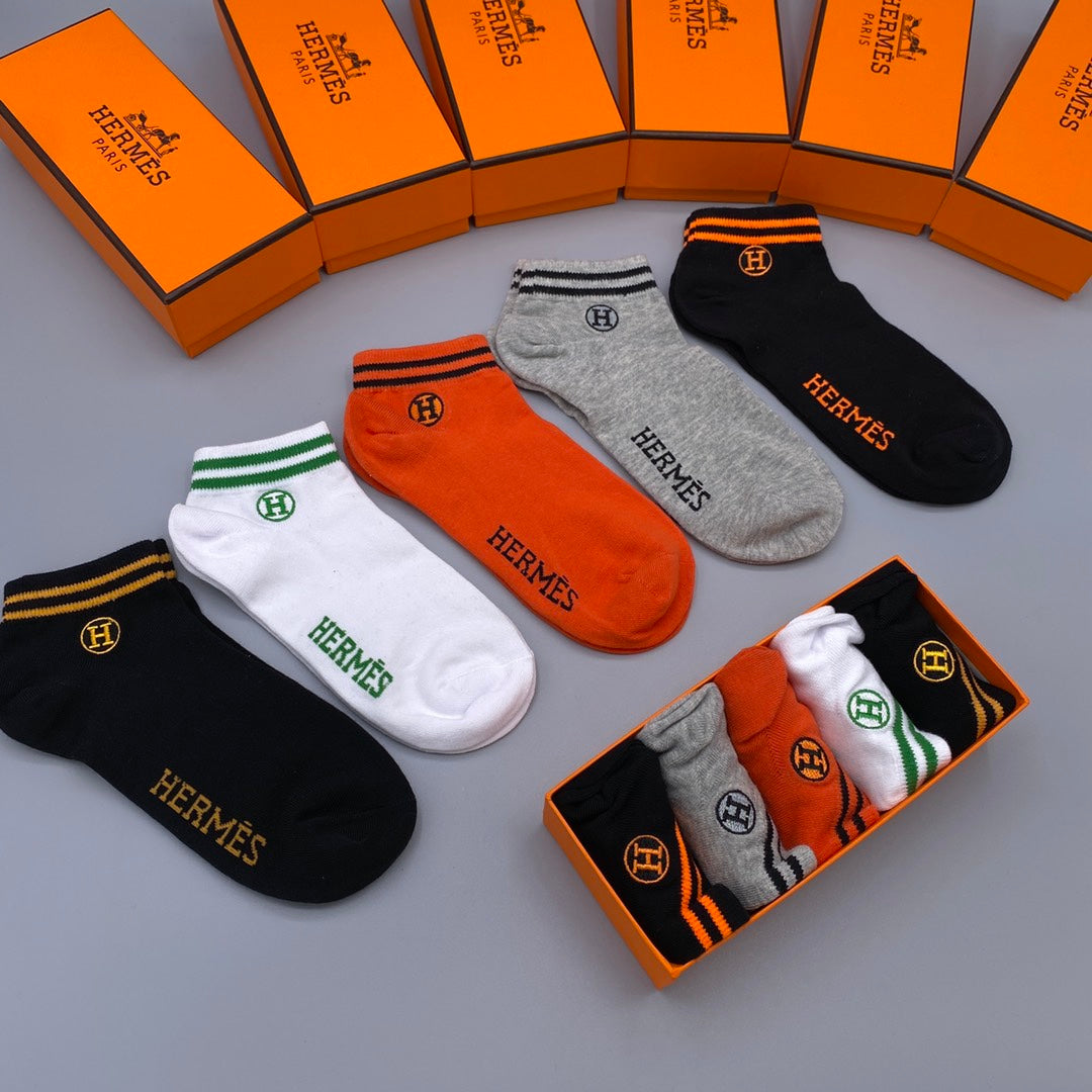 Hermes Heritage Logo Ankle Socks - Box of 5 Pairs