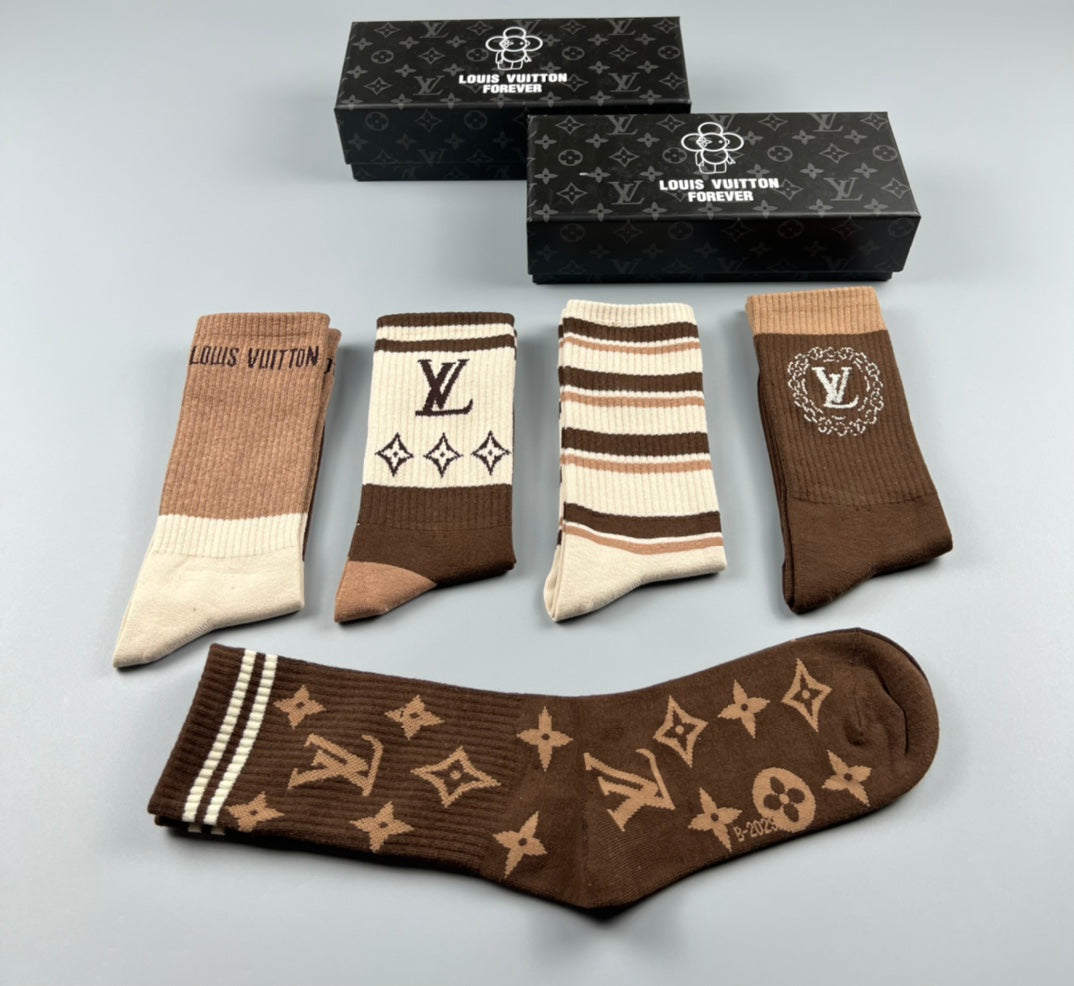 Louis Vuitton Cotton Stripes And Monogram-Style Motifs Crew Socks - 5-Pair Set