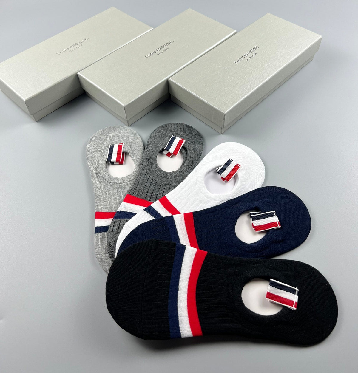 Thom Browne Cotton Visible Logo, Stripe Or Motif Details No-Show Socks - 5-Pair Set
