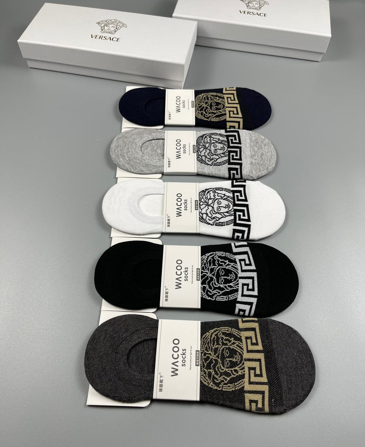 Versace Cotton Visible Logo, Stripe Or Motif Details Crew Socks - 5-Pair Set
