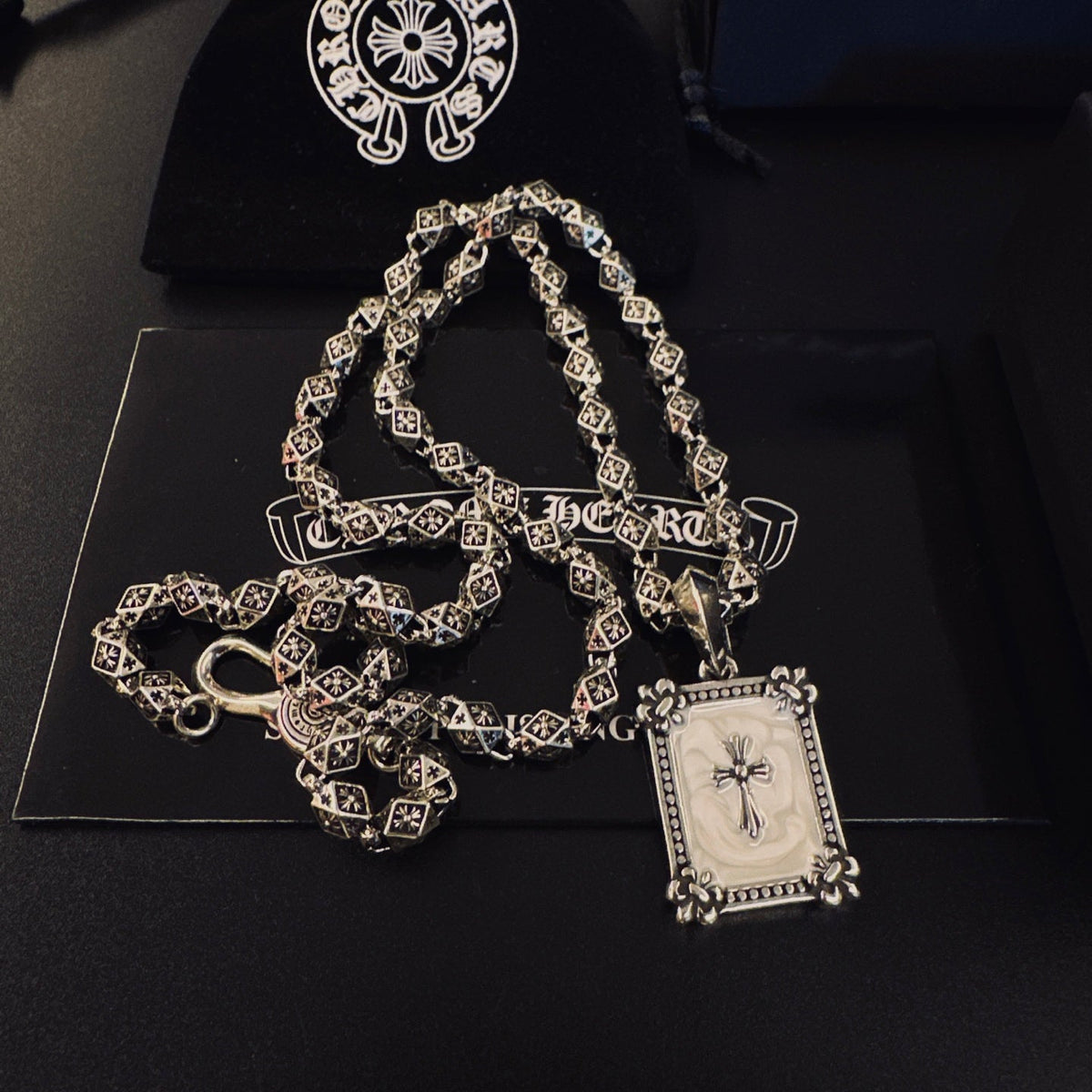 Martin Graham pendant necklace in polished metal-tone – styled product view