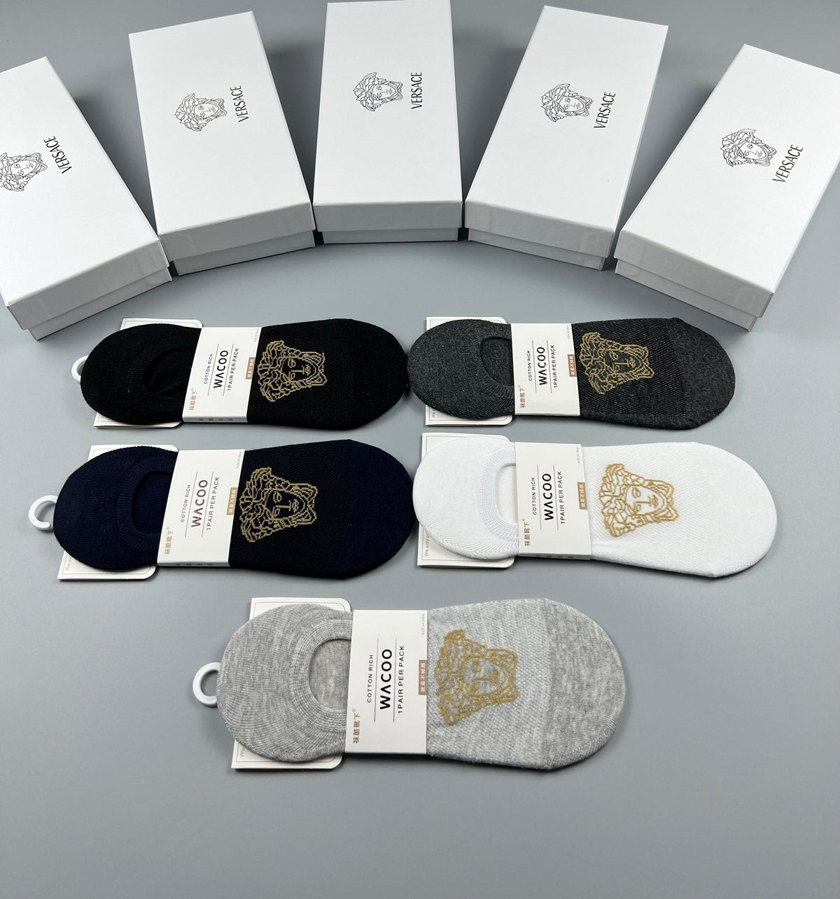 Versace Cotton Visible Logo, Stripe Or Motif Details No-Show Socks - 5-Pair Set