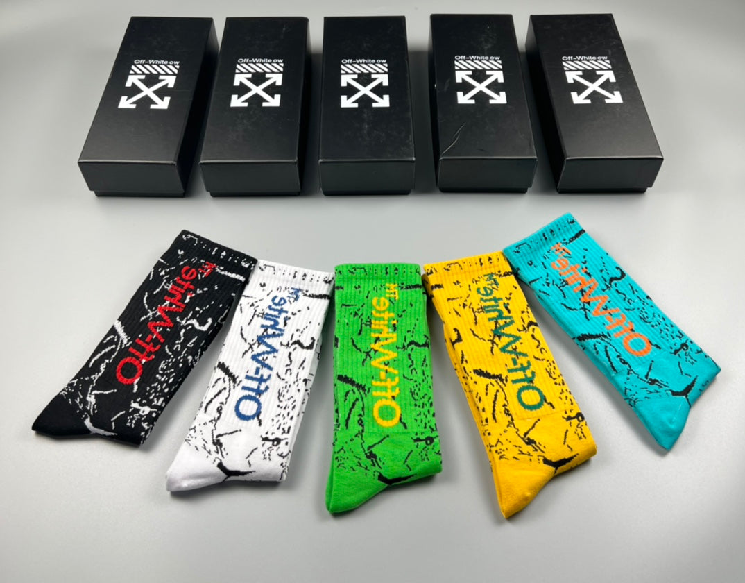Off-White Cotton Visible Logo, Stripe Or Motif Details Crew Socks - 5-Pair Set