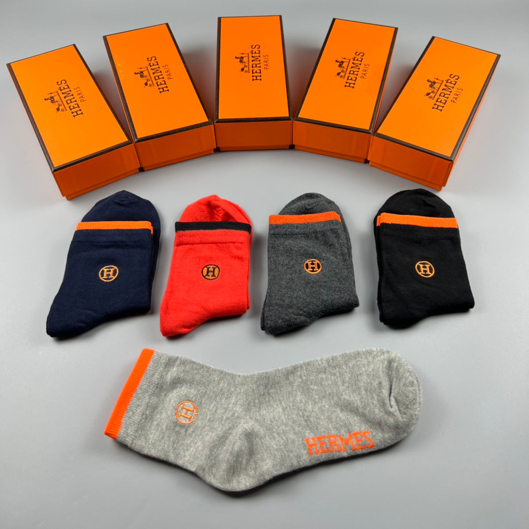 Hermes Cotton Horse And Wordmark Crew Socks - 5-Pair Set