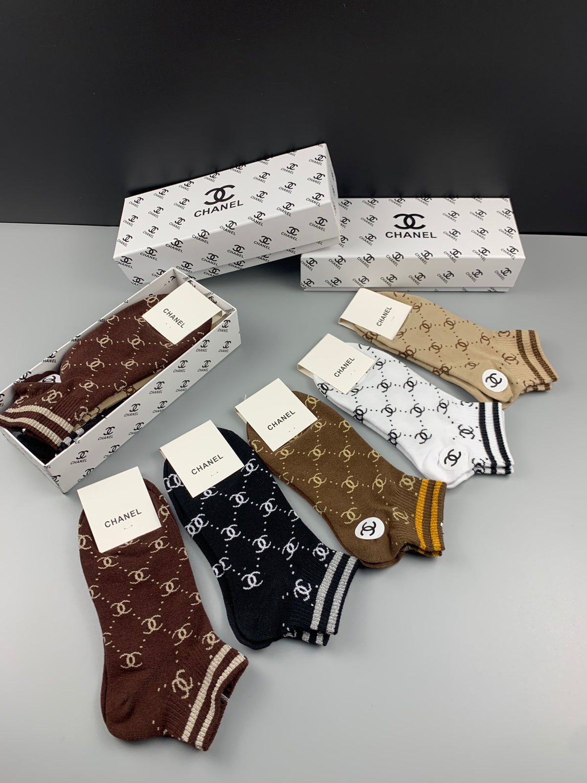 Chanel Cotton Mixed Stripes And Repeating Emblem Patterns Ankle Socks - 5-Pair Set
