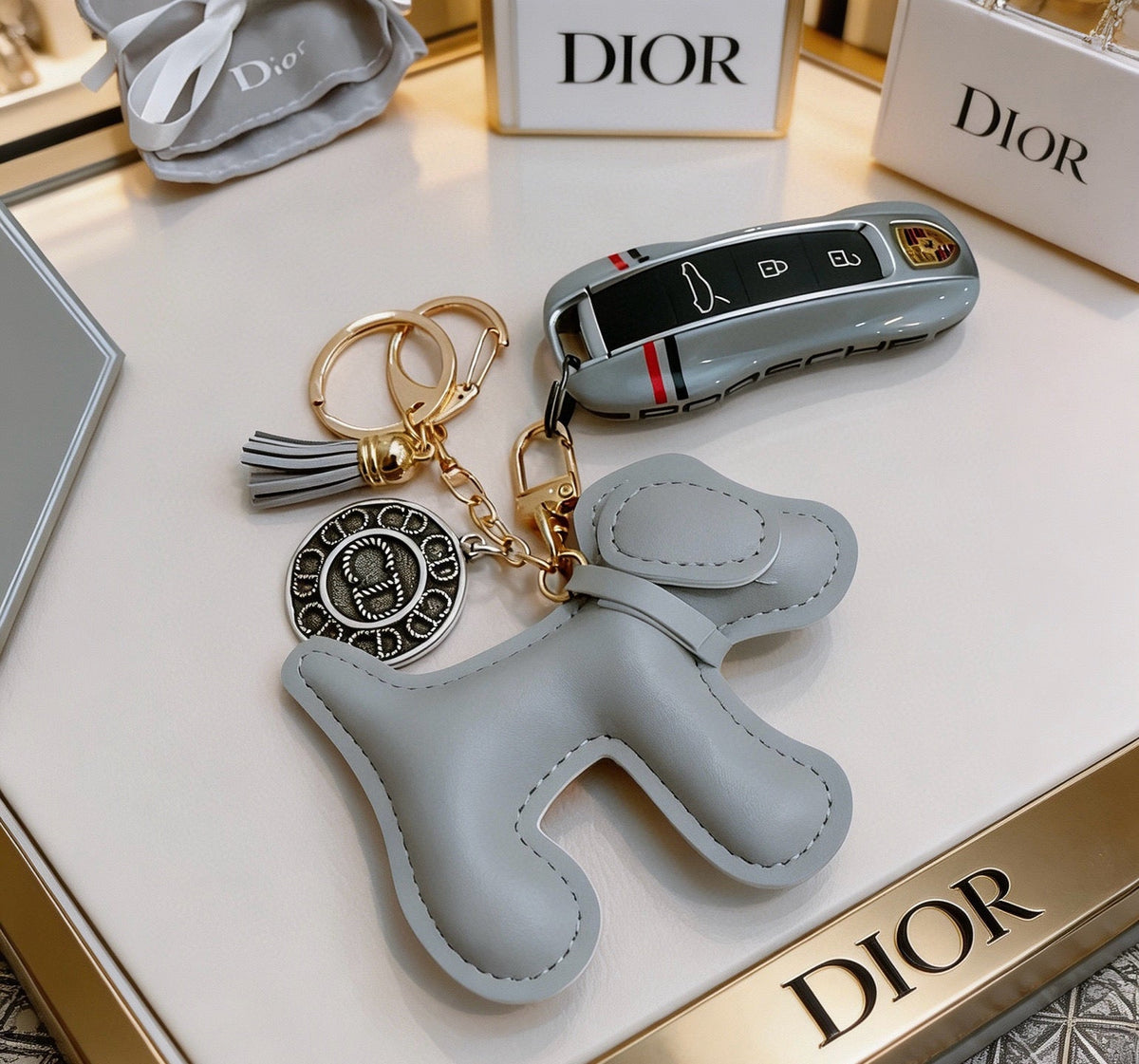 Martin Graham bag charm in polished metal-tone – close-up detail
